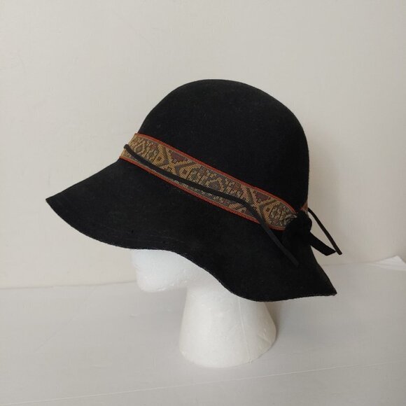 Wool Felt Wide Brim Floppy Hat Kilim Style Pattern Band Adjustable Boho Black - Picture 3 of 9